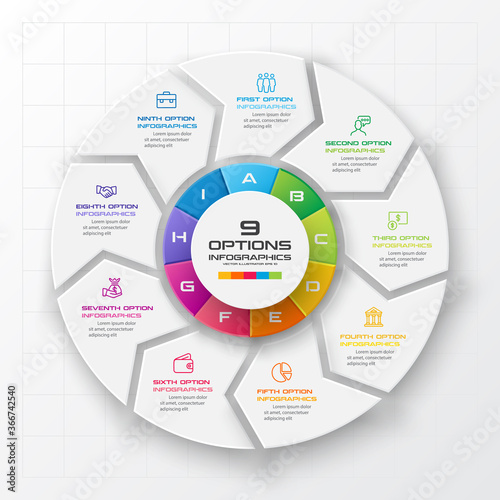 Circle chart infographic template with 9 options,Vector illustration.