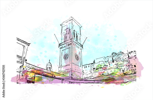 Building view with landmark of Hydra town is the capital and main harbour of the island of Hydra. Watercolor splash with hand drawn sketch illustration in vector.