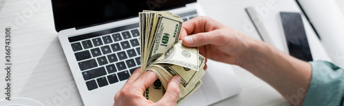 Panoramic crop of man counting dollars near gadgets on table, earning online concept