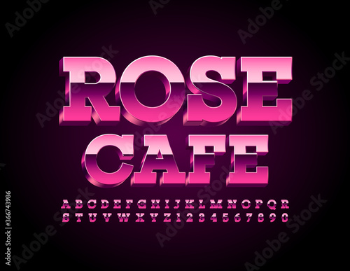 Vector elegant logo Rose Cafe. Pink modern Font. Metallic Business style Alphabet Letters and Numbers