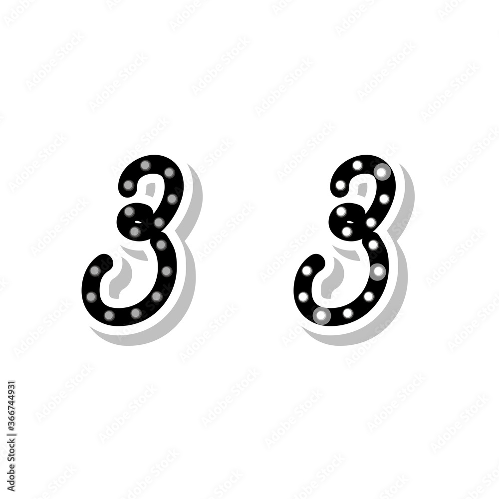 Number 3 with light bulbs, on and off neon font Number 3 with light bulbs, on and off neon font