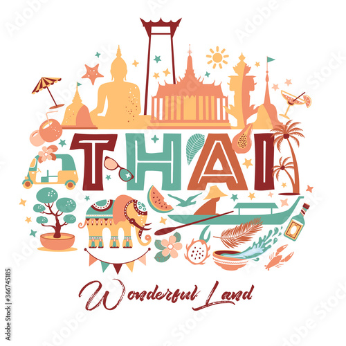 Collection of Thailand symbols with text. Vector poster. Postcard in trend color. Travel illustration. Web banner of travel with letters.