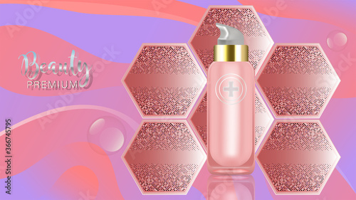 Beauty product ad design, pink cosmetic container with collagen solution advertising background ready to use, luxury skin care banner, illustration vector.