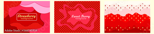 Strawberry background, pattern, vector. Copy space for text. Concept for label, postcard, notebook, design. Fashion print. Design elements for textiles or clothes. Hand drawn doodle cute wallpaper.