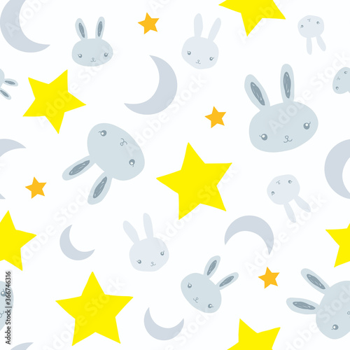 Kids seamless pattern design with grey bunnies, cute rabbits, yellow stars and moon on white background. Perfect for fabric, textile, kids fashion. Surface pattern design.