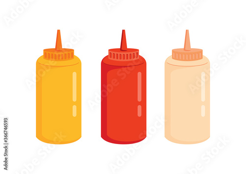 Mustard ketchup mayonnaise plastic bottle icon set vector. Mustard ketchup and mayo squeeze bottles icon isolated on a white background