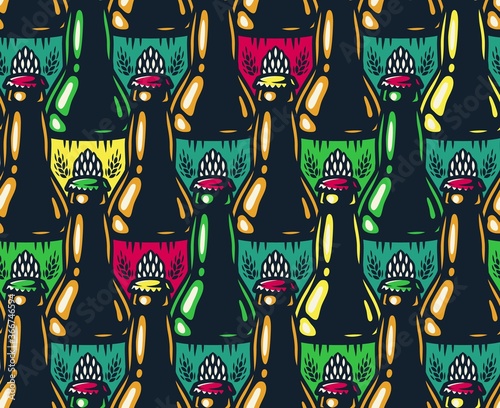 Colored seamless pattern of beer bottle with cap