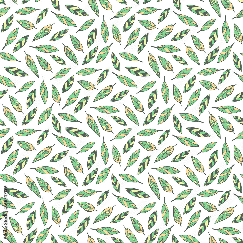 Naklejka premium Hand drawn seamless pattern vector of colorful leaves. Falling leaves isolated on white. Foliar doodle illustration for design card, invitation, wallpaper, wrapping paper, fabric, textile, packaging