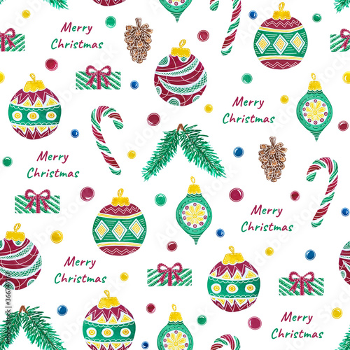Seamless pattern with Christmas decorations, gifts, pine, cones and balls