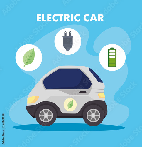 environmentally friendly concept  electric car with icons of leaf  plug  battery charger