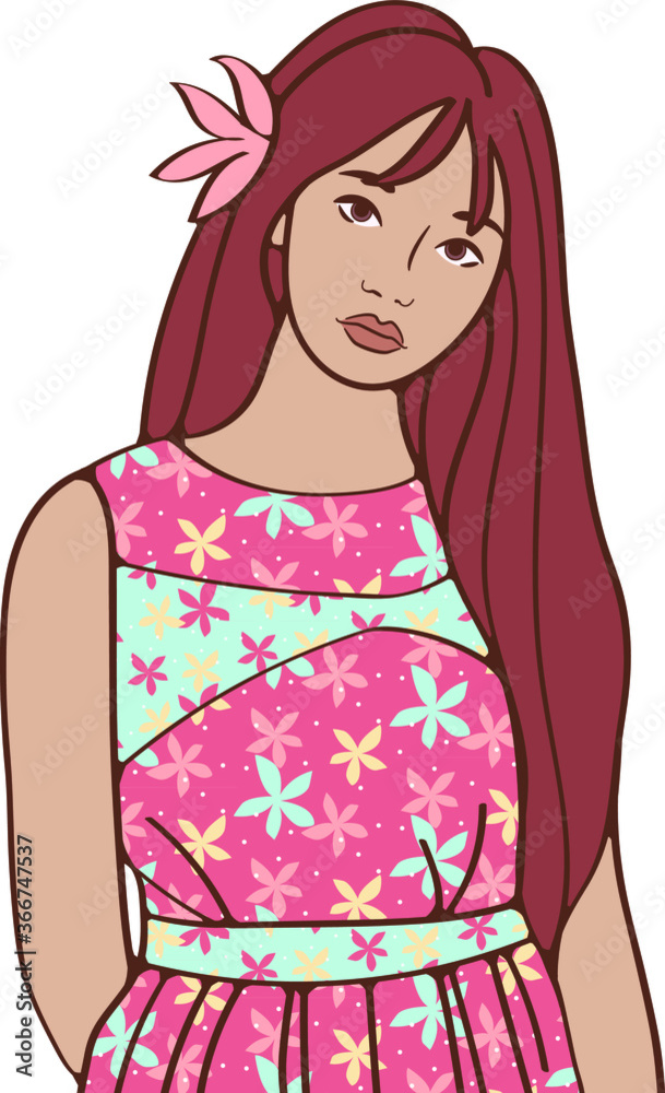 Summer vector illustration with girl in bright dress and flower in long hair, tropical style woman, fashion model Summer vector illustration with girl in bright dress and flower in long hair, tropical style woman, fashion model