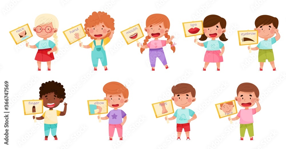 Little Kids Holding Cards with Body Parts Vector Illustration Set Little Kids Holding Cards with Body Parts Vector Illustration Set