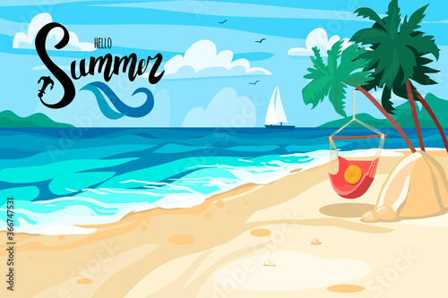 Postcard on a summer theme. Beach, seascape. Summer vacations, relaxation, tourism. Hello summer lettering. Vector stock illustration. Flat design.