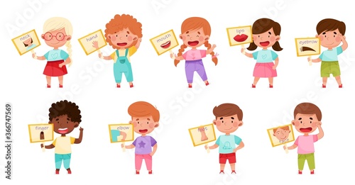 Little Kids Holding Cards with Body Parts Vector Illustration Set