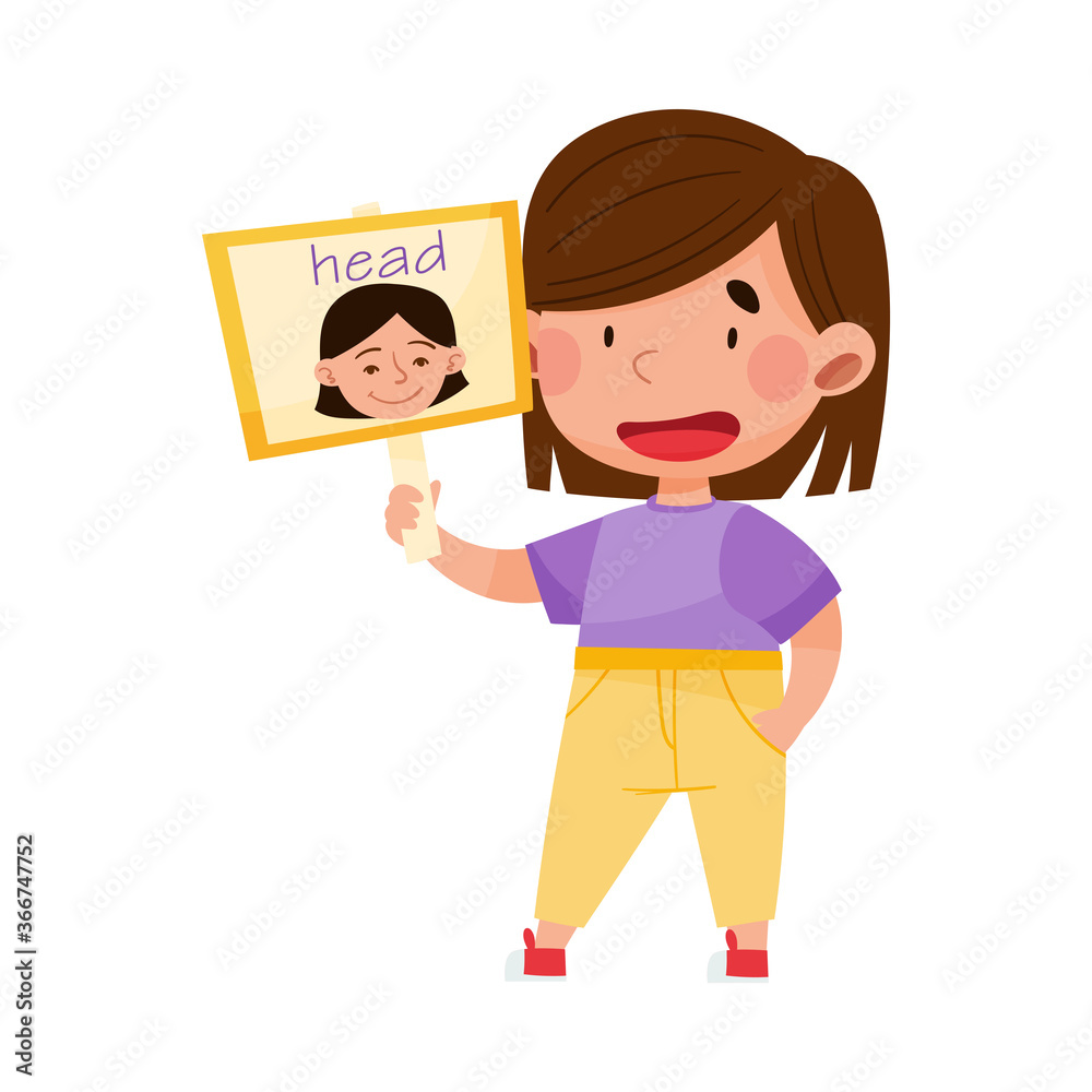 Smiling Girl Character Holding Flashcard with Head Image Vector Illustration