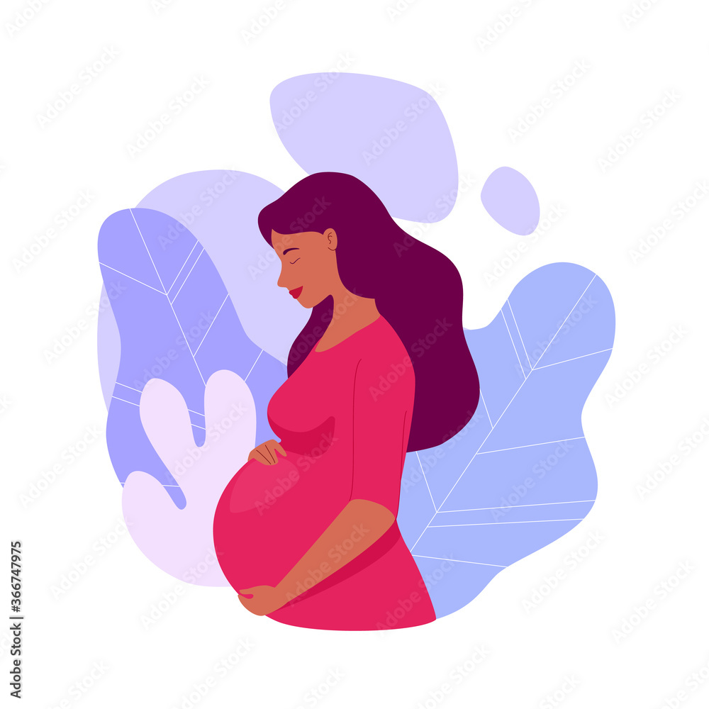 Beautiful pregnant woman hugs her big belly. Profile picture ...