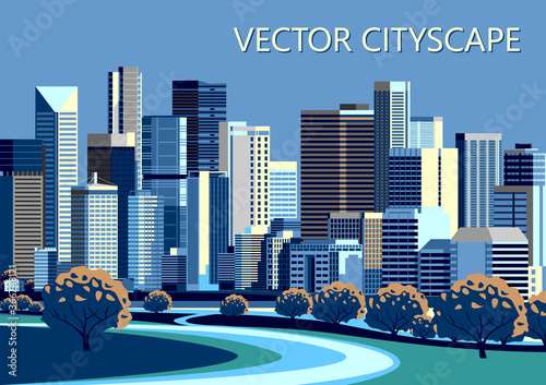 Vector cityscape with park and trees in the first plan and modern buildings in the background.