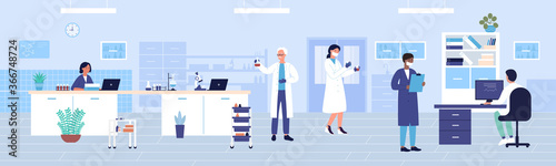 Hospital clinic laboratory work flat vector illustration. Cartoon doctor researcher character team working and studying in medical research diagnostic center. Healthcare medicine lab office background