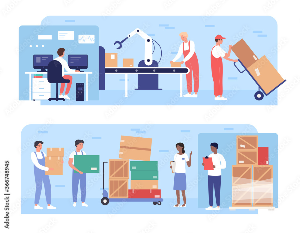Warehouse packaging work vector illustrations. Cartoon flat worker people working on warehousing conveyor with robotic arm equipment, load boxes on pallets, stockroom loading process isolated on white Warehouse packaging work vector illustrations. Cartoon flat worker people working on warehousing conveyor with robotic arm equipment, load boxes on pallets, stockroom loading process isolated on white