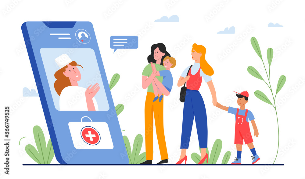 Online doctor medical consultation vector illustration. Cartoon flat family patient people, mother with child consulting doctor on smartphone screen, telemedicine application concept isolated on white