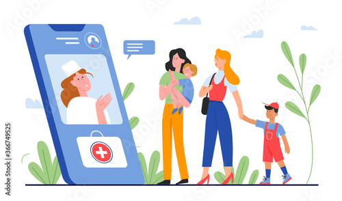 Online doctor medical consultation vector illustration. Cartoon flat family patient people, mother with child consulting doctor on smartphone screen, telemedicine application concept isolated on white