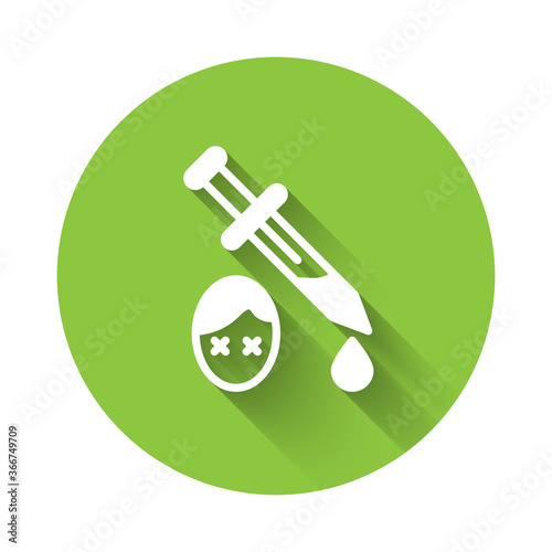 White Sword with blood icon isolated with long shadow. Medieval weapons knight and soldier. Symbol of murder. Green circle button. Vector.