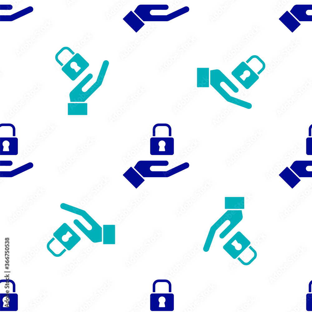 Blue Lock in hand icon isolated seamless pattern on white background. Padlock sign. Security, safety, protection, privacy concept. Vector. Blue Lock in hand icon isolated seamless pattern on white background. Padlock sign. Security, safety, protection, privacy concept. Vector.