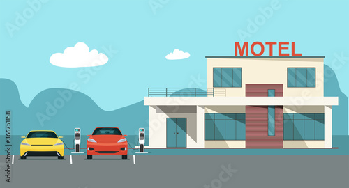 Modern motel with electric car parking and charging stations. Vector flat style illustration.