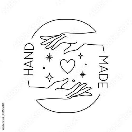 Vector trendy hand made label or badge of gesture in linear modern style isolated. Emblem or logo with hands holding heart and stars - hand made, made with love, donate