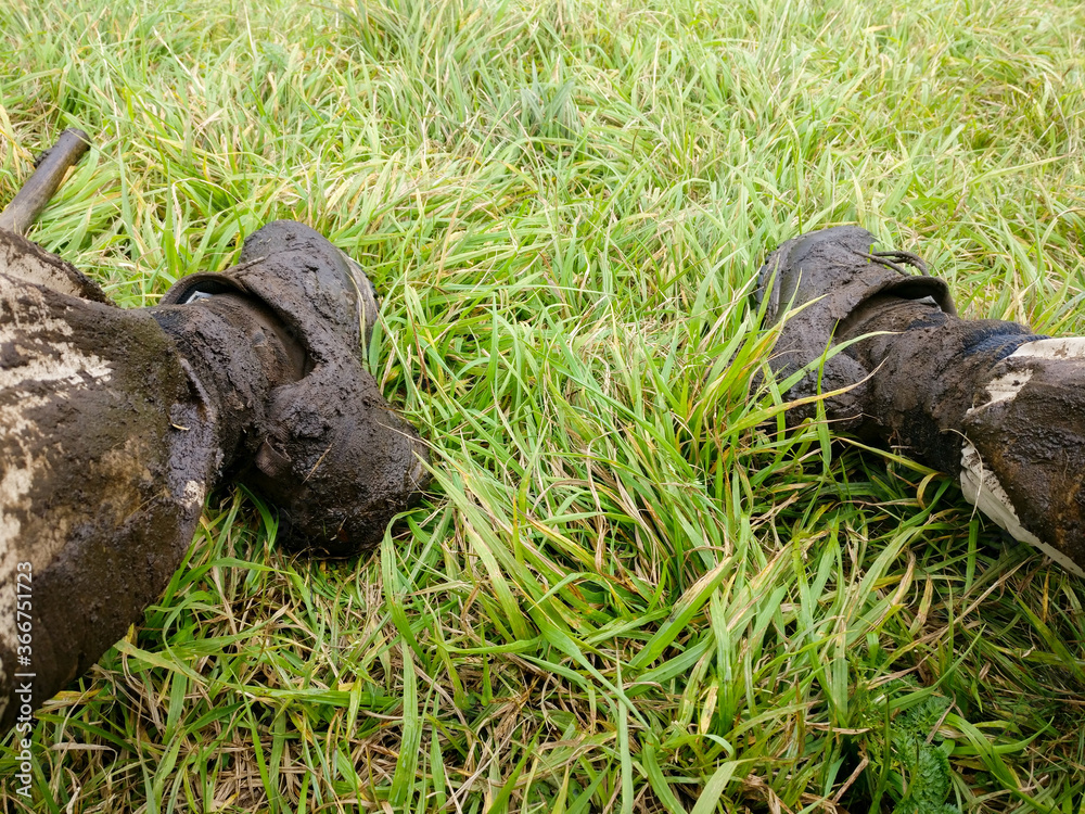 Obraz premium Shoes full of mud after climbing the Bisoke volcano at the Volcanoes National Park, Rwanda, Africa
