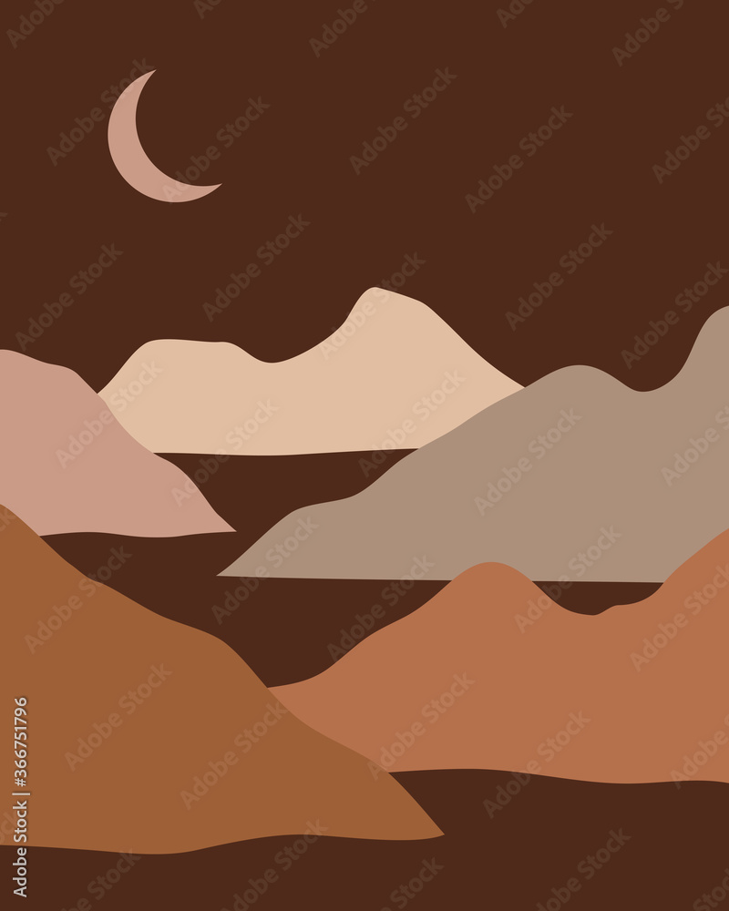 Vector abstract contemporary aesthetic night background landscape with mountains, road, moon. Boho wall print decor in flat style. Mid century modern minimalist art and design