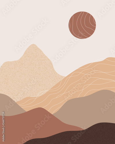 Vector abstract contemporary aesthetic background landscape with mountains, sunset, sunrise. Boho wall textured print decor in flat style. Mid century modern minimalist art and design