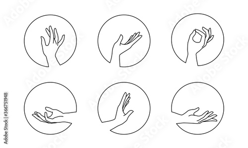 Vector set of female hand logos in minimal linear style. Emblem design templates with different hand gestures isolated. For cosmetics, beauty, tattoo, spa, manicure, massage