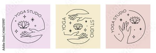 Vector set of abstract trendy linear logo with hands holding lotus flower and stars. Yoga emblem, label or icon isolated on white background
