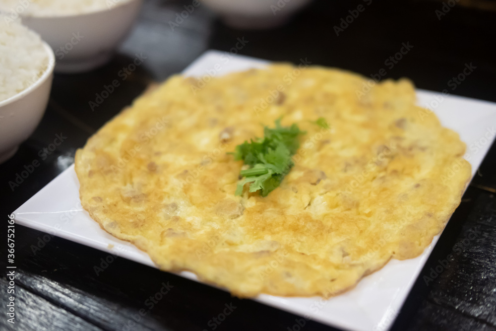 Omelette or Scrambled eggs made from eggs and minced pork Omelette or Scrambled eggs made from eggs and minced pork