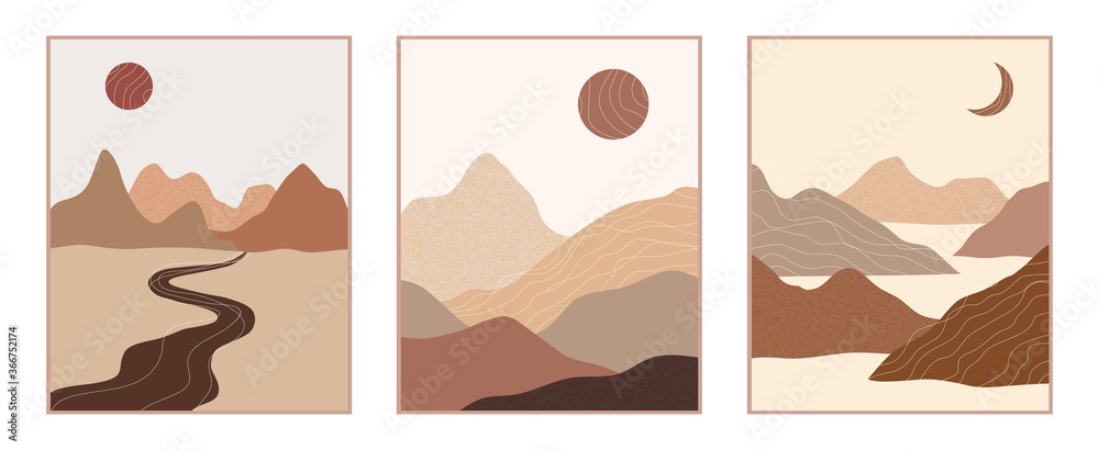 Vector abstract contemporary aesthetic set of backgrounds landscapes with mountains, roads, sunrise, sunset. Boho wall print decor in flat style. Mid century modern minimalist art and design Vector abstract contemporary aesthetic set of backgrounds landscapes with mountains, roads, sunrise, sunset. Boho wall print decor in flat style. Mid century modern minimalist art and design