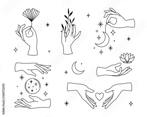 Vector set of female hand logos, icons in minimal linear style. Emblem design templates with hand gestures, moon, lotus, ginko leaf for cosmetics, manicure, beauty, tattoo, spa, jewelry store