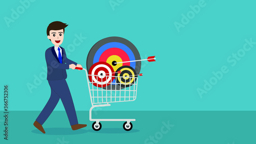 businessman with target and an arrow in a shopping cart.