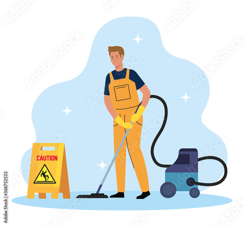 man cleaning worker with vacuum cleaner, man janitor with vacuum cleaner and signage caution