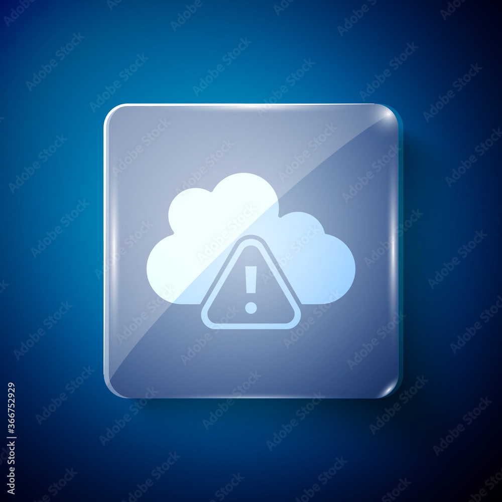 White Storm warning icon isolated on blue background. Exclamation mark in triangle symbol. Weather icon of storm. Square glass panels. Vector. White Storm warning icon isolated on blue background. Exclamation mark in triangle symbol. Weather icon of storm. Square glass panels. Vector.