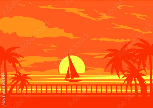 sailing boat on the sea, tropical beach, and sunset sky vector illustration