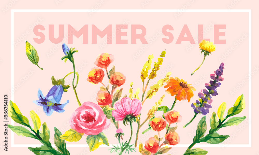 Summer sale Concept. Summer background with tropical flowers. Template Vector.