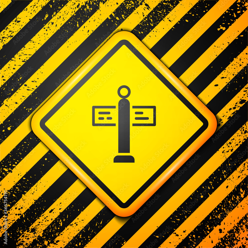 Black Road traffic sign. Signpost icon isolated on yellow background. Pointer symbol. Street information sign. Direction sign. Warning sign. Vector. Black Road traffic sign. Signpost icon isolated on yellow background. Pointer symbol. Street information sign. Direction sign. Warning sign. Vector.