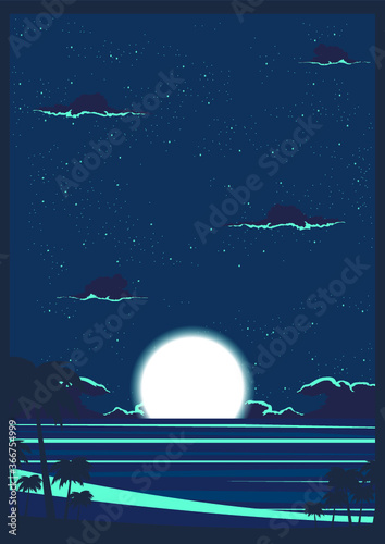 starry sky and moon over the tropical beach, vertical vector illustration of night ocean