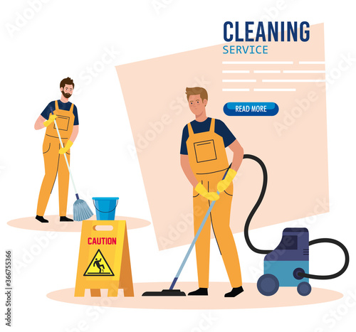 banner, janitors team cleaning service, men cleaners in uniform working with professional equipment of cleaner