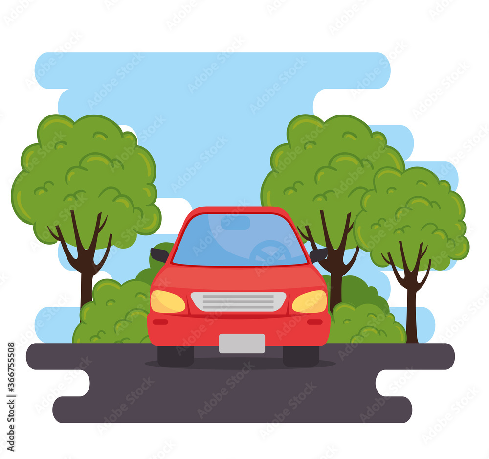 red sedan car vehicle in the road, with tree plants nature