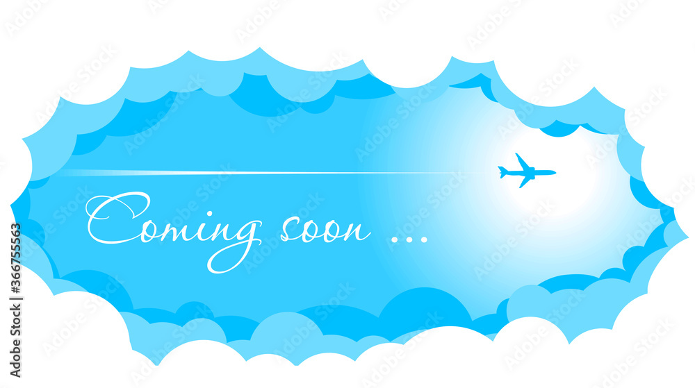 Blue sky with clouds and sun. Passenger airplane is flying high. Announcement of the opening and the beginning of flights after quarantine. Illustration, vector Blue sky with clouds and sun. Passenger airplane is flying high. Announcement of the opening and the beginning of flights after quarantine. Illustration, vector