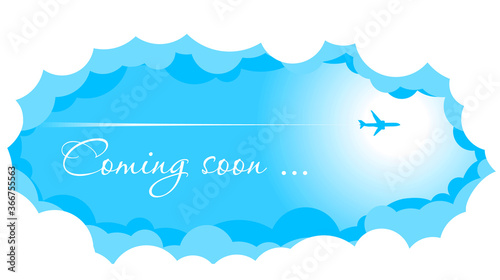 Blue sky with clouds and sun. Passenger airplane is flying high. Announcement of the opening and the beginning of flights after quarantine. Illustration, vector