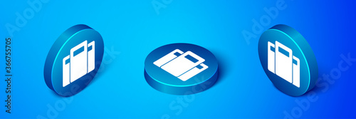 Isometric Police assault shield icon isolated on blue background. Blue circle button. Vector.