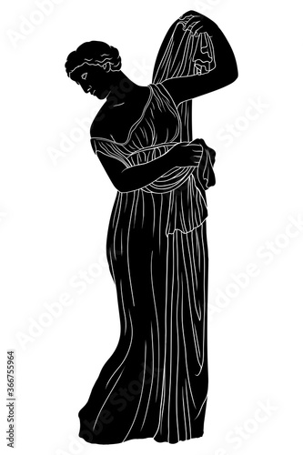 A young ancient Greek woman in a tunic stands and puts on a cape. Figure isolated on white background.